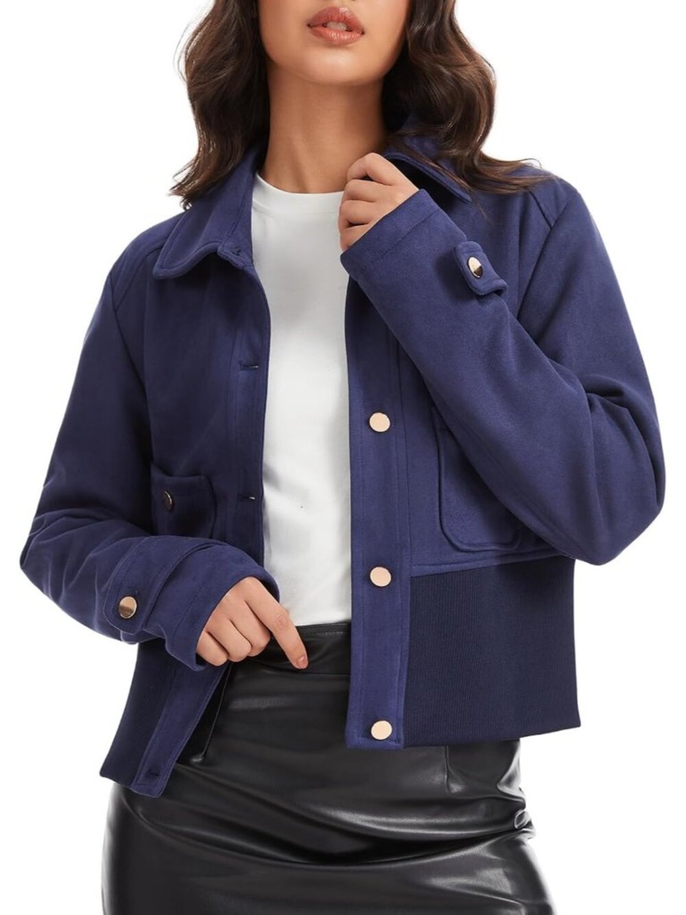 Women’s Navy Faux Suede Button Down Pocket Lightweight Coat Cropped Jacket